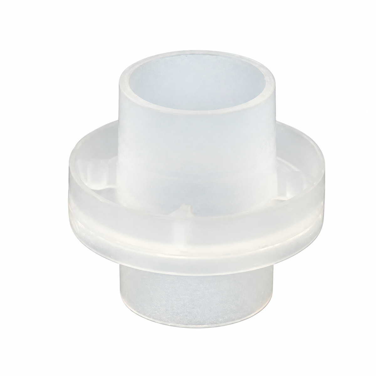 Translucent white water filter cartridge coupler with central flange for joining compatible standard and jumbo cartridges.